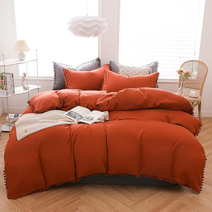 Burnt Orange Comforter Set King Size Rust Pom Comforter 3 PCs Burnt Orange Boho Ball Pom Fringe King Comforter Bedding Set Women Solid Terracotta King Bed Comforter Set All Season Gift
