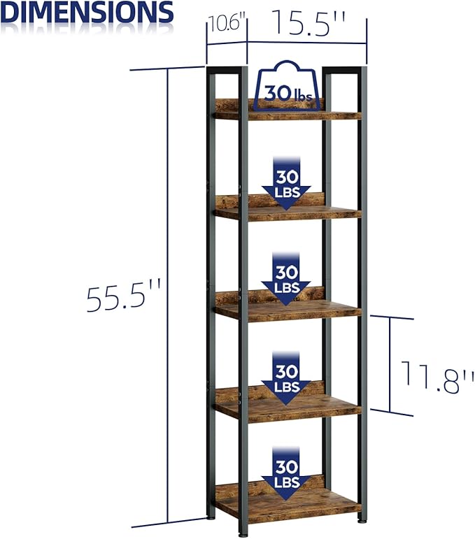 NUMENN Narrow Bookshelf, 5 Tier Bookshelves, Home Office Bookcase Shelf Storage Organizer, Free Standing Storage Shelving Unit for Bedroom, Living Room and Home Office, Vintage