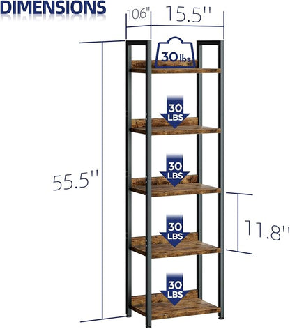 NUMENN Narrow Bookshelf, 5 Tier Bookshelves, Home Office Bookcase Shelf Storage Organizer, Free Standing Storage Shelving Unit for Bedroom, Living Room and Home Office, Vintage
