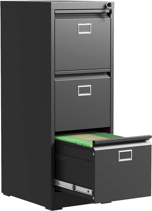 3 Drawer File Cabinet, Metal Vertical File Cabinets with Lock for Home Office, Office Steel Filing Cabinet for Hanging Files for A4/ Legal/Letter,Assembly Required (Black)