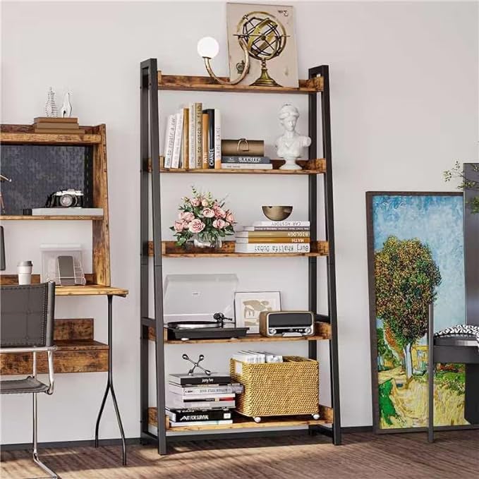 IRONCK Industrial Bookshelf 5-Tier 31.5in Wide, Bookcase Ladder Shelf, Storage Shelves Rack Shelf Unit, Accent Furniture Metal Frame, Home Office Furniture for Bathroom, Living Room