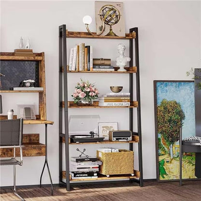 IRONCK Industrial Bookshelf 5-Tier 31.5in Wide, Bookcase Ladder Shelf, Storage Shelves Rack Shelf Unit, Accent Furniture Metal Frame, Home Office Furniture for Bathroom, Living Room