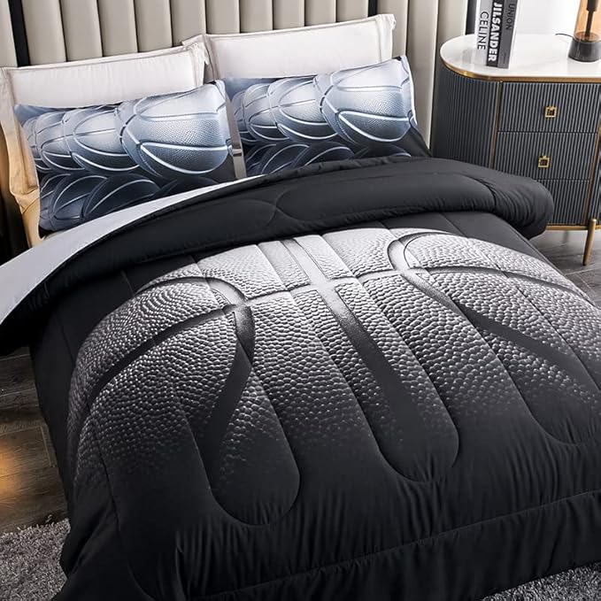 Teen Boy Comforter Set Queen,Basketball Bedding Set for Kids Boys Teens,Black and Grey Sports Comforter Queen with 2 Pillowcases,Basketball Comforter Queen Size for Boys,All Season Use
