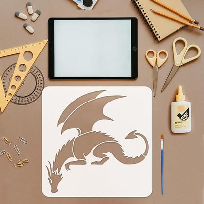 FINGERINSPIRE Dragon Painting Stencil with Paint Brush 11.8x11.8inch Pterosaur Drawing Template Dragon Pattern Stencil Corner Theme Decoration Template for Painting on Wood Wall Fabric Furniture