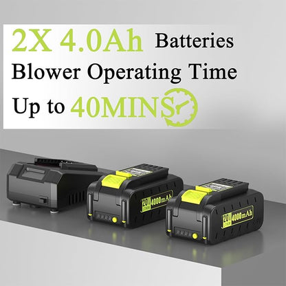 Pro Chaser Battery Powered Cordless Blower - 380 CFM with 2 X 4.0Ah 20V Batteries & Fast Charger, Lightweight Electric Leaf Blowers, 2 Variable Speed, Ideal for Yard, Patio & Sidewalk (Green)