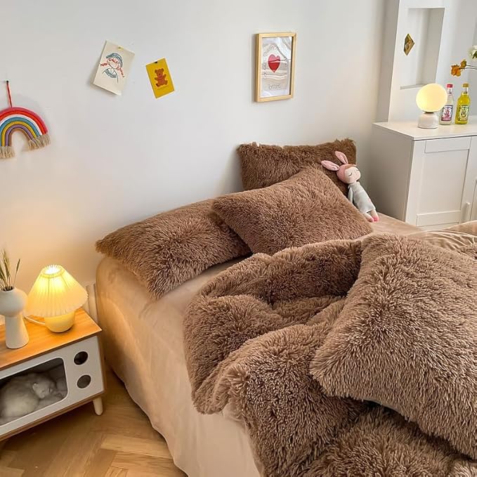 Faux Fur Kids Girls Coffee Comforter Sets Twin/Full - 3PC Bed Set Warm Comfortable Soft Plush Flannel Velvet Fluffy Fuzzy Bedding（Comforter x 1 Pillowcases x 2）