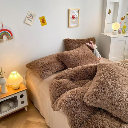 Faux Fur Kids Girls Coffee Comforter Sets King - 3PC Bed Set Warm Comfortable Soft Plush Flannel Velvet Fluffy Fuzzy Bedding（Comforter x 1 Pillowcases x 2）