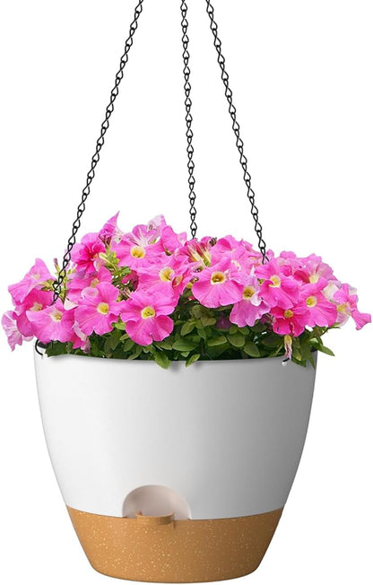 ZMTECH 12 Inch Hanging Planters for Indoor Outdoor Plants, 1 Pack Self Watering Hanging Plant Pots with Drainage Holes and Removable Saucer, Plastic Flower Hanging Pots with Watering Lip (White)