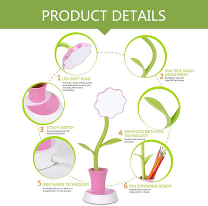 Desk Lamp for Kids Sunflower LED Charging Table Lamp Support Eye Protection Small Desk Folding for Reading,Study and Office, Adjustable Brightness - Pink