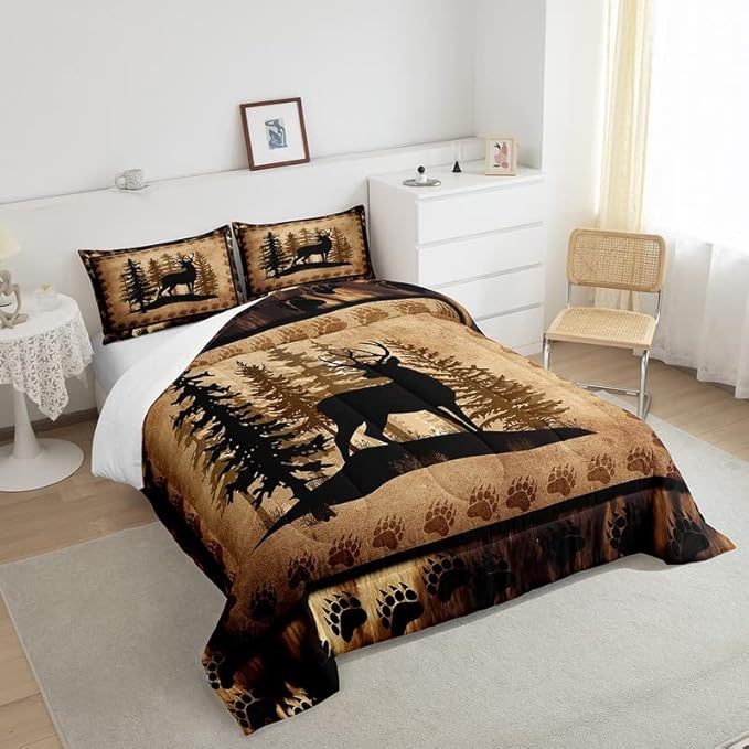 Feelyou Cute Deer Comforter Set for Girls Boys Kids Deer Hunting Bedding Set Room Decorative Bear Paw Print Tree Pattern Bedding Set Exotic Style Brown Duvet Set Queen Size 3Pcs Quilt Set