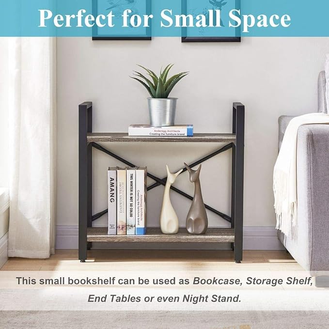 BON AUGURE Small Bookshelf for Small Space, 2 Tier Shelf Floor Bookcase for Storage, Industrial Short Low Wood Metal Book Shelves for Bedroom, Office and Living Room(Dark Gray Oak)