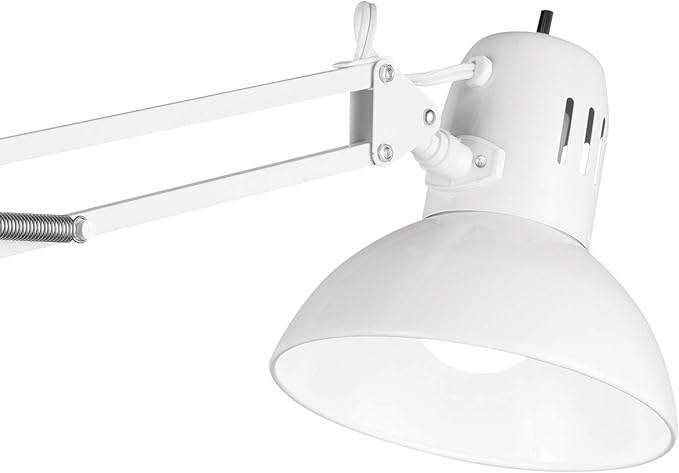Globe Electric 52847 31.5" Swing Arm Clamp-On Desk Lamp, Glossy White, Nickel Accents, On/Off Rotary Switch, Partially Adjustable Swing Arm, Reading Light, Home Essentials, Office Décor