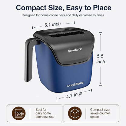Ourokhome Espresso Knock Box with Lid, Compact Coffee Grounds Container for Home Coffee Bar, Removable Knock Bar, 304 Stainless Steel Exterior, Non-Slip Base & Handle, Easy Clean (Deep Blue)