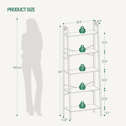 Ladder Shelf, Bookshelf Bookcase, Freestanding Corner Storage Shelve with 2 Hooks for Home Office, Living Room, Kitchen, Bedroom, Industrial, 5-Tier Rustic Brown BC19301B