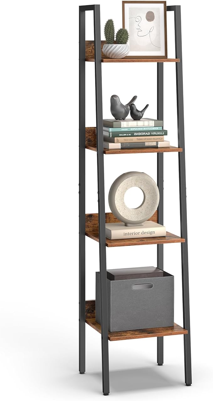 VASAGLE Bookshelf, 4-Tier Narrow Bookcase, Ladder Shelf for Home Office, Living Room, Bedroom, Kitchen, Rustic Brown and Ink Black ULLS108B01
