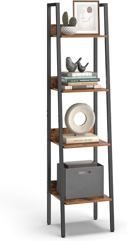 VASAGLE Bookshelf, 4-Tier Narrow Bookcase, Ladder Shelf for Home Office, Living Room, Bedroom, Kitchen, Rustic Brown and Ink Black ULLS108B01