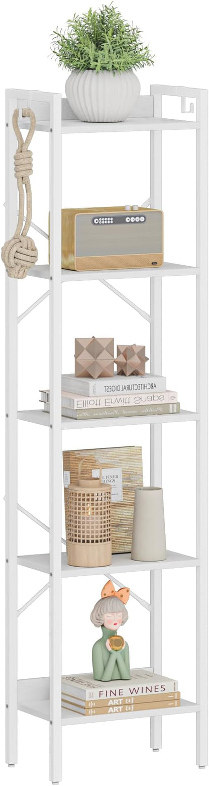 Bookshelf, Book Shelf, Industrial Bookcase with 2 Hooks, Coner Shelf Storage Organizer for Home Office, Living Room, Bedroom, Kitchen, 5-Tier White BC10513W