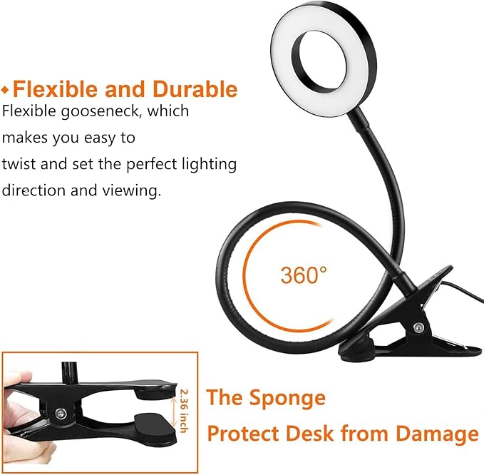 Clip on Light Reading Lights, 48 LED USB Desk Lamp with 3 Color Modes 10 Brightness, Eye Protection Book Clamp Light, 360 ° Flexible Gooseneck Clamp Lamp for Desk Headboard Video Conferencing