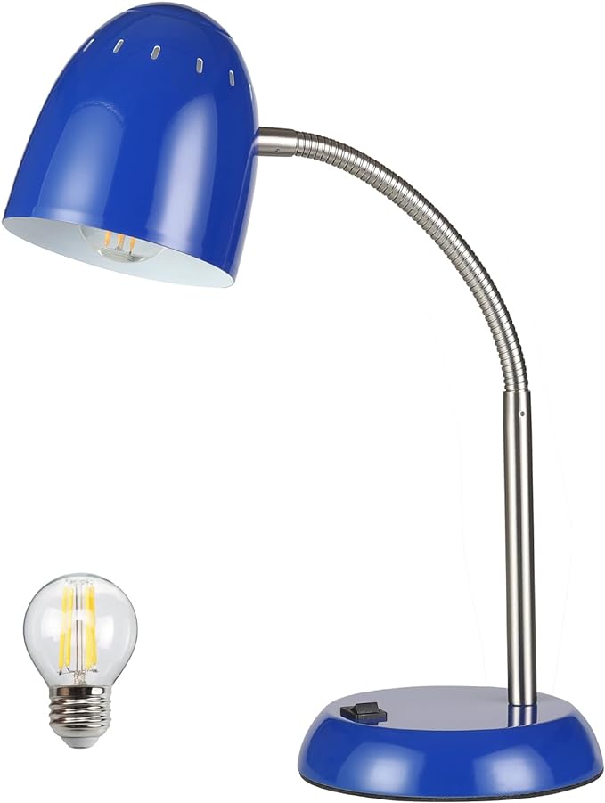 Eye-Caring Table Lamp of Simple Designs Home E26 Led Screw Basic Metal Desk Lamp with Flexible Gooseneck Hose Neck Study Lamp for Bedroom Office Living Room Convenient On/Off Switch (Dark blue)