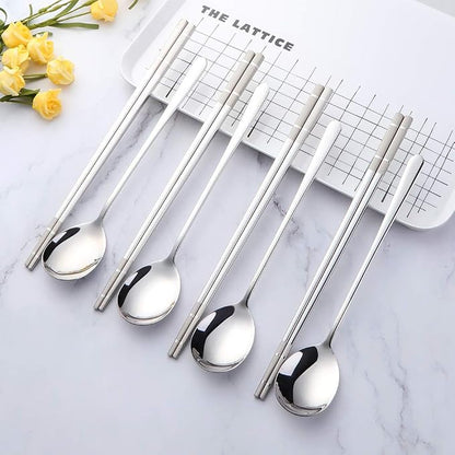 Buyer Star 4 Set Silver Square Chopsticks and Spoon Set Metal Stainless Steel Spoon Chopsticks Set