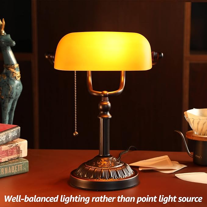 TORCHSTAR Bankers Desk Lamp with Pull Chain Switch, Amber Glass Shade Desk Lamps, Bronze Base, UL Listed, E26 Base, Vintage Library Lamp for Office, Study Room(Matted Orange)