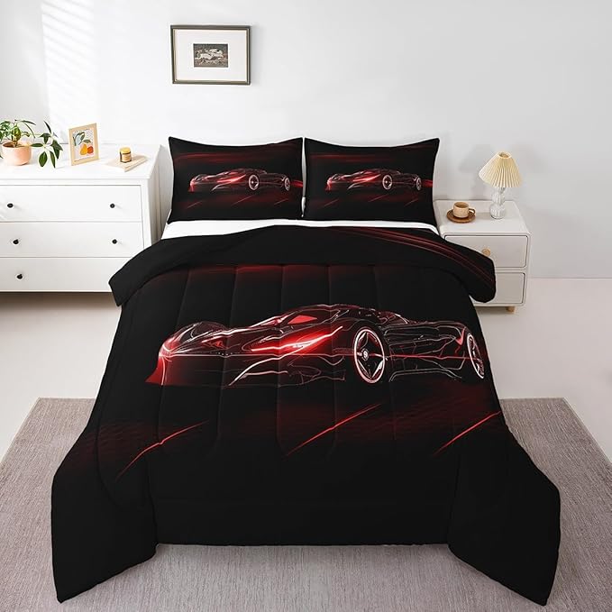 Feelyou Red Race Car Bedding Set Full Size for Kids Boys Extreme Sport Games Comforter Set Teens Toddler Fast and Furious Duvet Set Cool Modern Quilt Set 3Pcs