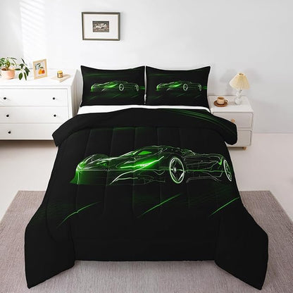 Feelyou Green Race Car Bedding Set Full Size for Kids Boys Extreme Sport Games Comforter Set Teens Toddler Fast and Furious Duvet Set Cool Modern Quilt Set 3Pcs
