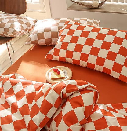 Orange White Grid Comforter Set Cal King Burnt Orange Plaid Bedding Set Women Reddish and White Checkered Bed Comforter Set Breathable Blanket Set Men Durable Bedding Comforter Set