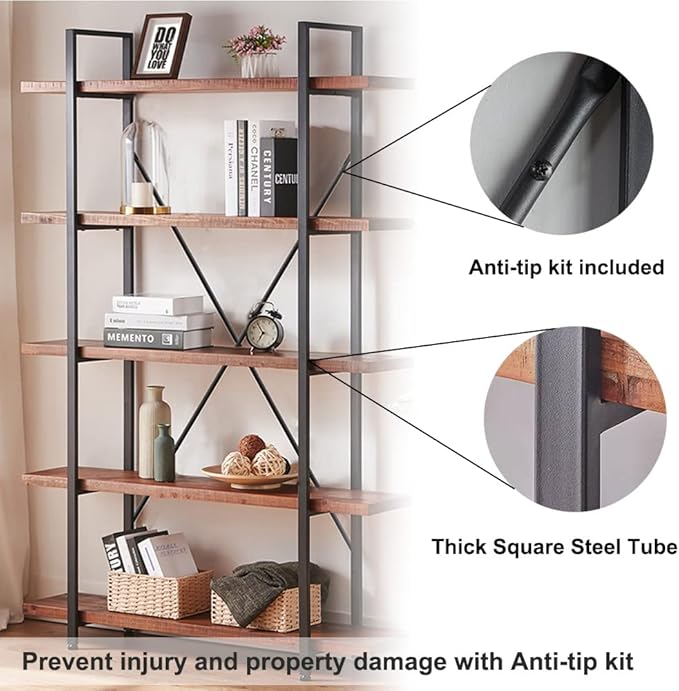 HSH Natural Real Wood Bookcase, 5 Tier Industrial Rustic Vintage Etagere Bookshelf, Open Metal Farmhouse Solid Wooden Book Shelf, Distressed Brown