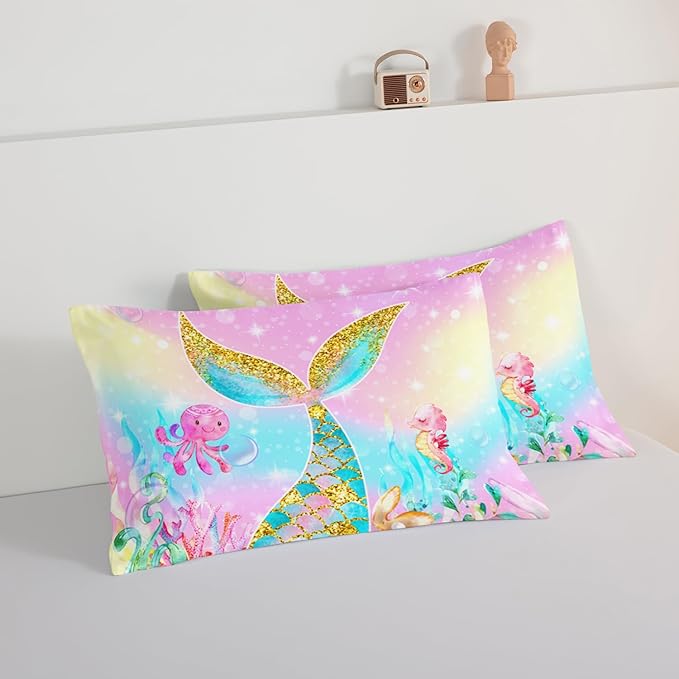 HOSIMA Mermaid Comforter with 2 Pillowcases,Girly Rainbow Bedding Set Mermaid Tail Comforter,Glitter Gold Fish Scales Queen Comforter Set,Cute Sea Animal Octopus Seahorse Comforter for Kids Teens.