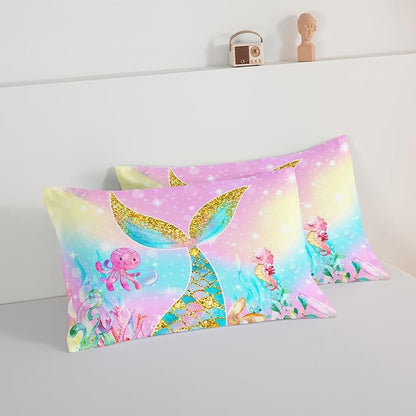 HOSIMA Mermaid Comforter with 2 Pillowcases,Girly Rainbow Bedding Set Mermaid Tail Comforter,Glitter Gold Fish Scales Queen Comforter Set,Cute Sea Animal Octopus Seahorse Comforter for Kids Teens.