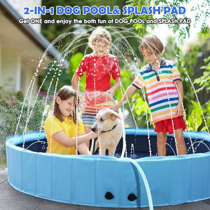 71" Large Dog Pool with Sprinkler, 2-in-1 Foldable Swimming Pool Non-Slip Hard Plastic Splash Sprinkler Kiddie Pool for Outdoor Backyard Kids Dogs Ducks and Pet Baths
