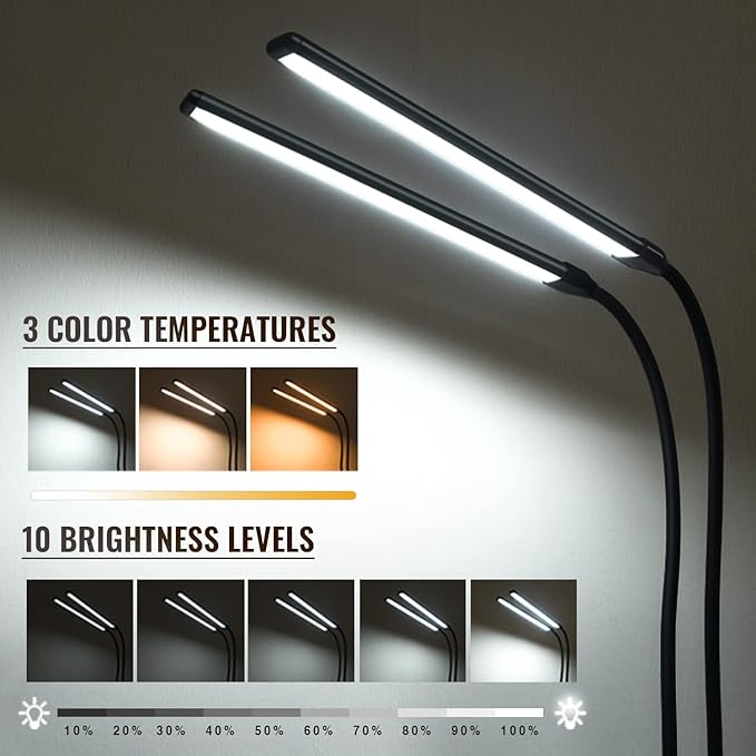Desk Lamp, Clamp on Lamp with 2 LED Tubes, 13W, 1200 Lms, 3 Color Modes, 10 Brightness Levels, 18.5 Inches Flexible Gooseneck LED Clip Book Light for Reading, Working (Adapter Included)