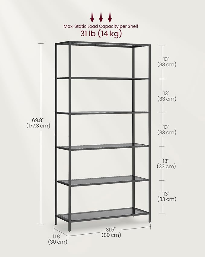 VASAGLE Bookcase, 6-Tier Bookshelf, Slim Shelving Unit for Bedroom, Bathroom, Home Office, Tempered Glass, Steel Frame, Ink Black and Slate Gray ULGT503G01