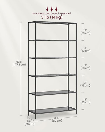 VASAGLE Bookcase, 6-Tier Bookshelf, Slim Shelving Unit for Bedroom, Bathroom, Home Office, Tempered Glass, Steel Frame, Ink Black and Slate Gray ULGT503G01