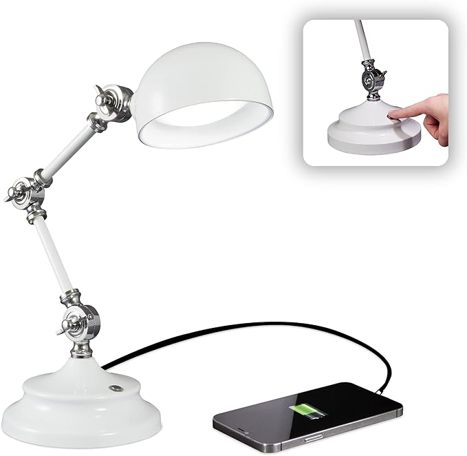 OttLite Pharmacy Adjustable LED Desk Lamp with USB Charging, Prevention Series - Designed to Reduce Eyestrain, 3-Point Adjustable Neck, 3 Brightness Settings with Touch Controls - Office Work, Reading