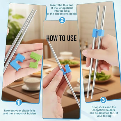 Metal Chopsticks with Training Chopstick Helpers - 18/8 Premium Reusable Non-Slip & Lightweight 9 1/4 Inch Stainless Steel Chopsticks, Dishwasher Safe, Furniture Kitchen Premium Gift Set (Silver)