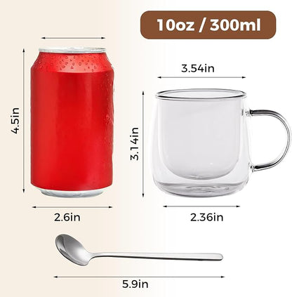 Double Wall Glass Coffee Mugs 10 Oz with Handle - Set of 1 | Insulated Clear Espresso Coffee Mug with Handle, Double Walled Coffee Cups for Cappuccino, Latte, Tea, Hot Drinks