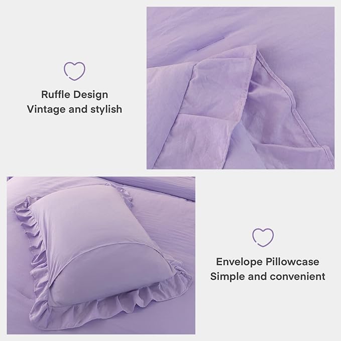 Andency Lavender Ruffle Comforter Full(79x90Inch), 3 Pieces(1 Ruffled Comforter and 2 Pillowcases) Solid Farmhouse Shabby Chic Comforter, Vintage Rustic Soft Microfiber Bedding Set