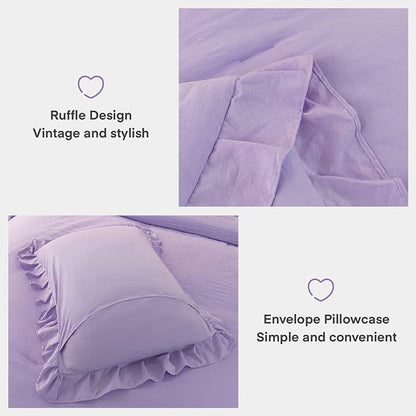Andency Lavender Ruffle Comforter Queen(90x90Inch), 3 Pieces(1 Ruffled Comforter and 2 Pillowcases) Solid Farmhouse Shabby Chic Comforter, Vintage Rustic Soft Microfiber Bedding Set