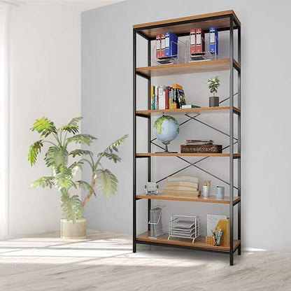 Himimi 6 Tier Industrial Bookshelf, Vintage Standing Storage Shelf, Display Shelving Units, Tall Bookcase, Industrial Metal Book Shelves for Living Room Bedroom and Home Office