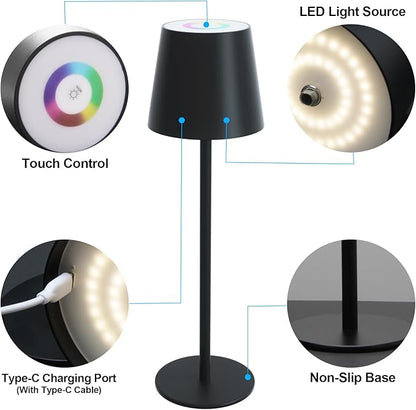ORALUCE RGB Cordless Table Lamp Rechargeable, LED Battery Operated Desk Lamp with Type-C Charging Port, Multiple Colour Stepless Dimming Touch Lamp for Outdoor Party/Coffee Shop/Camping/Bars, 2 Pack