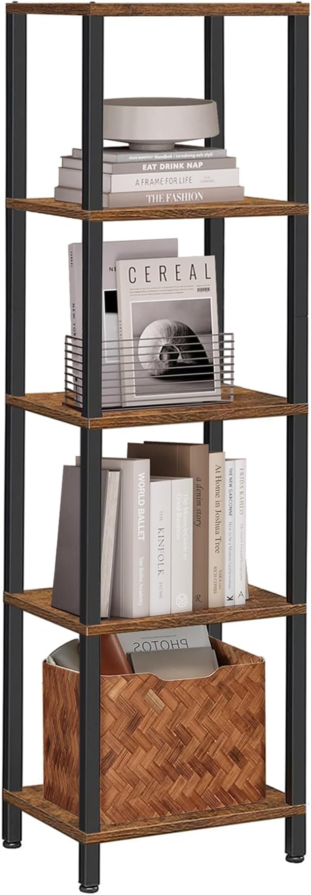 TUTOTAK Bookshelf, 5-Tier Tall Book Shelf, Narrow Bookcase for Small Space, DIY Stackable Bookshelf, for Living Room, Office, Study, Entryway, Industrial, Rustic Brown and Black BS01BB005
