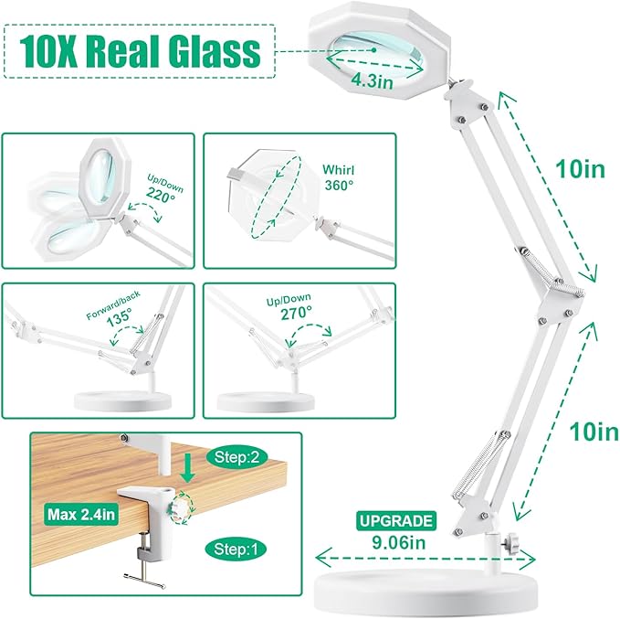 10X Magnifying Glass with Light Hand Free, HITTI 3 Color Stepless Dimmable Magnifying Lamp, 2-in-1 Lighted Deak Lamp & Clamp, Magnifier with Light and Stand for Crafts Reading Close Workbench Repair