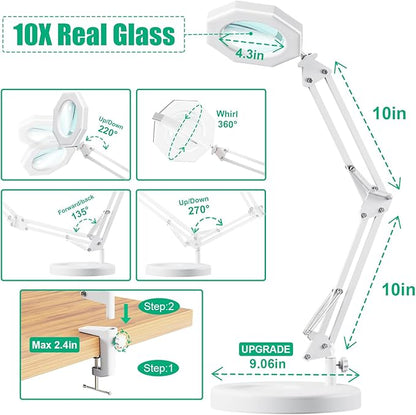 10X Magnifying Glass with Light Hand Free, HITTI 3 Color Stepless Dimmable Magnifying Lamp, 2-in-1 Lighted Deak Lamp & Clamp, Magnifier with Light and Stand for Crafts Reading Close Workbench Repair