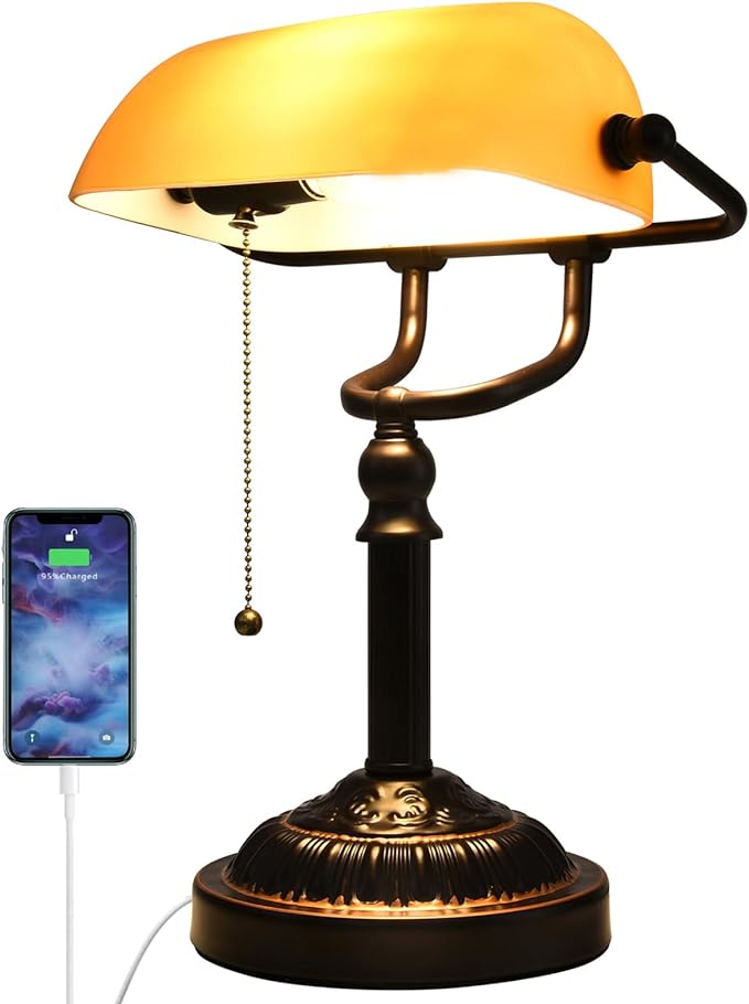 Rustic Desk Lamp Pull Chain, Traditional Bankers Desk Lamp with USB Port, Vintage Farmhouse Table Lamp for home office library
