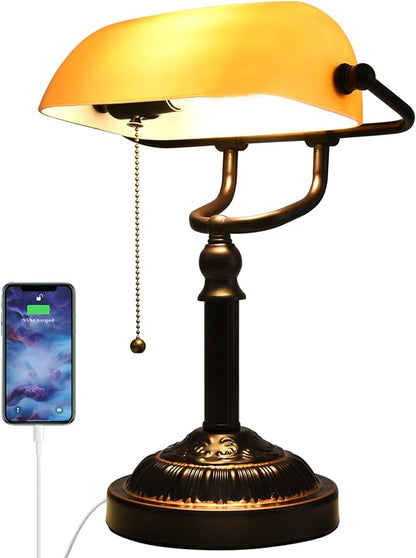 Rustic Desk Lamp Pull Chain, Traditional Bankers Desk Lamp with USB Port, Vintage Farmhouse Table Lamp for home office library
