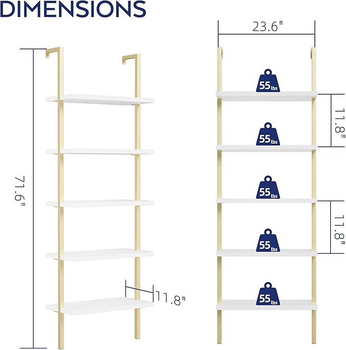 NUMENN 5 Tier Book Shelf, Industrial Ladder Shelf, Open Space Wall Mount Bookshelf with Metal Frame, Sturdy Book Shelves, Bookcase for Living Room, Home Office Shelf, White/Gold