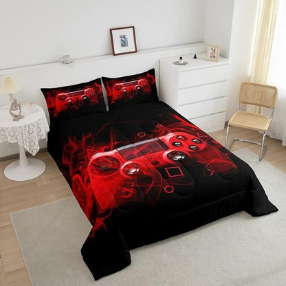 Feelyou Kids Gaming Comforter Set Queen Size Gamer Bedroom Decor for Boys Girls Teens Video Game Controller Bedding Set Youth Gaming Console Comforter Red Black Geometry with 2 Pillow Case