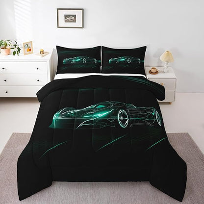 Feelyou Teal Race Car Bedding Set King Size for Kids Boys Extreme Sport Games Comforter Set Teens Toddler Fast and Furious Duvet Set Cool Modern Quilt Set 3Pcs